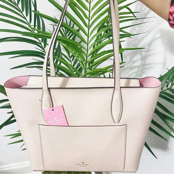 🆕 Kate Spade Adel Small Tote Bag Neutral Color Beige & Pink Leather - Picture 7 of 12
